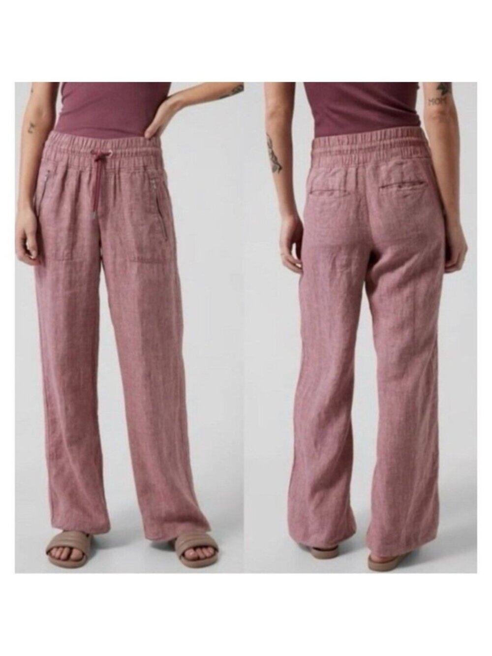 Athleta Cabo Linen Wide Leg Pants  Size 6 Tawny Rose Drawstring Flowy Beachy